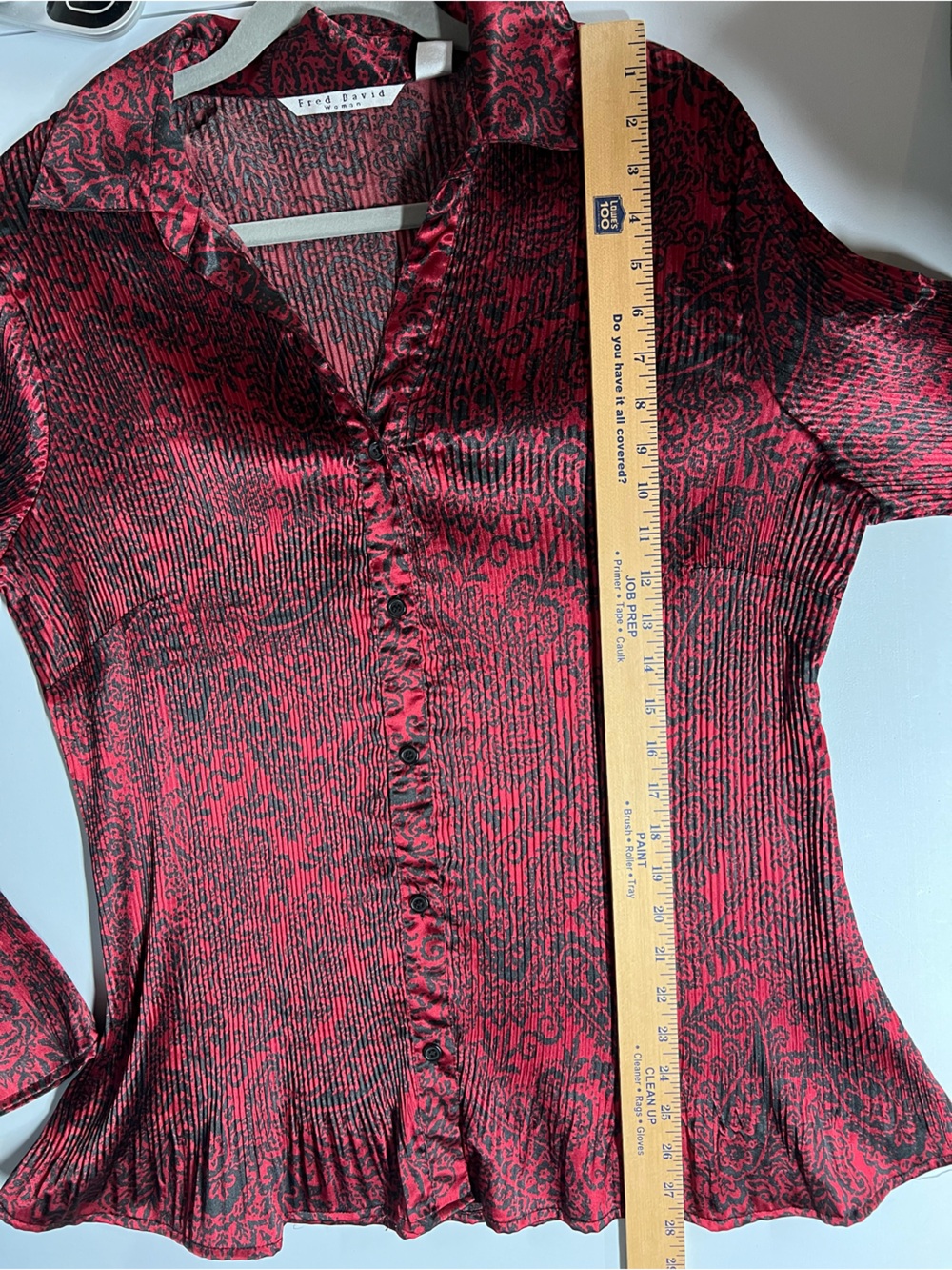 Fred David Woman Stretch Plisse Pleated Button Down Blouse Red Black Paisley 1X - Picture 6 of 6